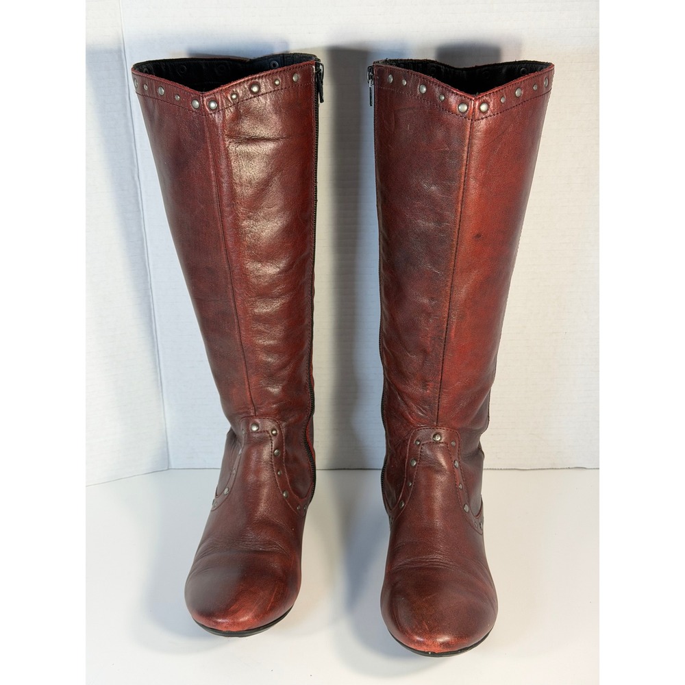 Born Womens Burgundy Red Leather Studded Knee High Boots Leopard Print Size 8 39